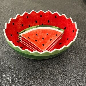 Pier 1 Imports Ceramic Watermelon Party Bowl and Plates Set